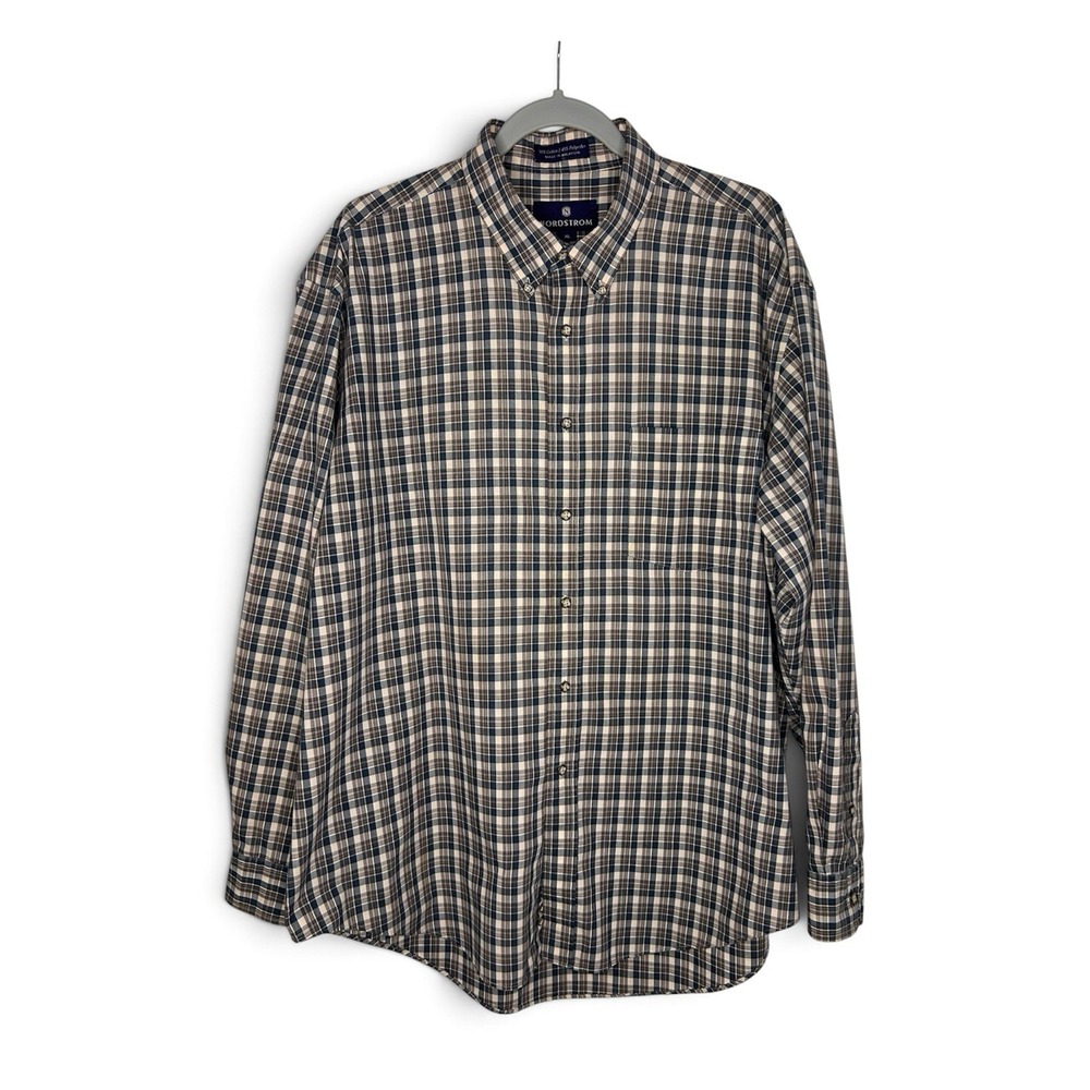 Nordstrom Mens XL Plaid Button Down Shirt Long Sleeve Blue Beige Cotton Blend